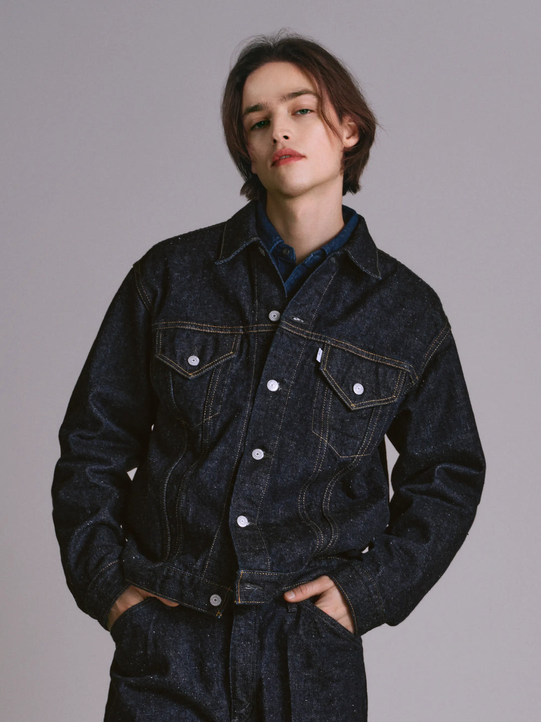 #019 L V TRUCKER JACKET LONG ONE-WASHED