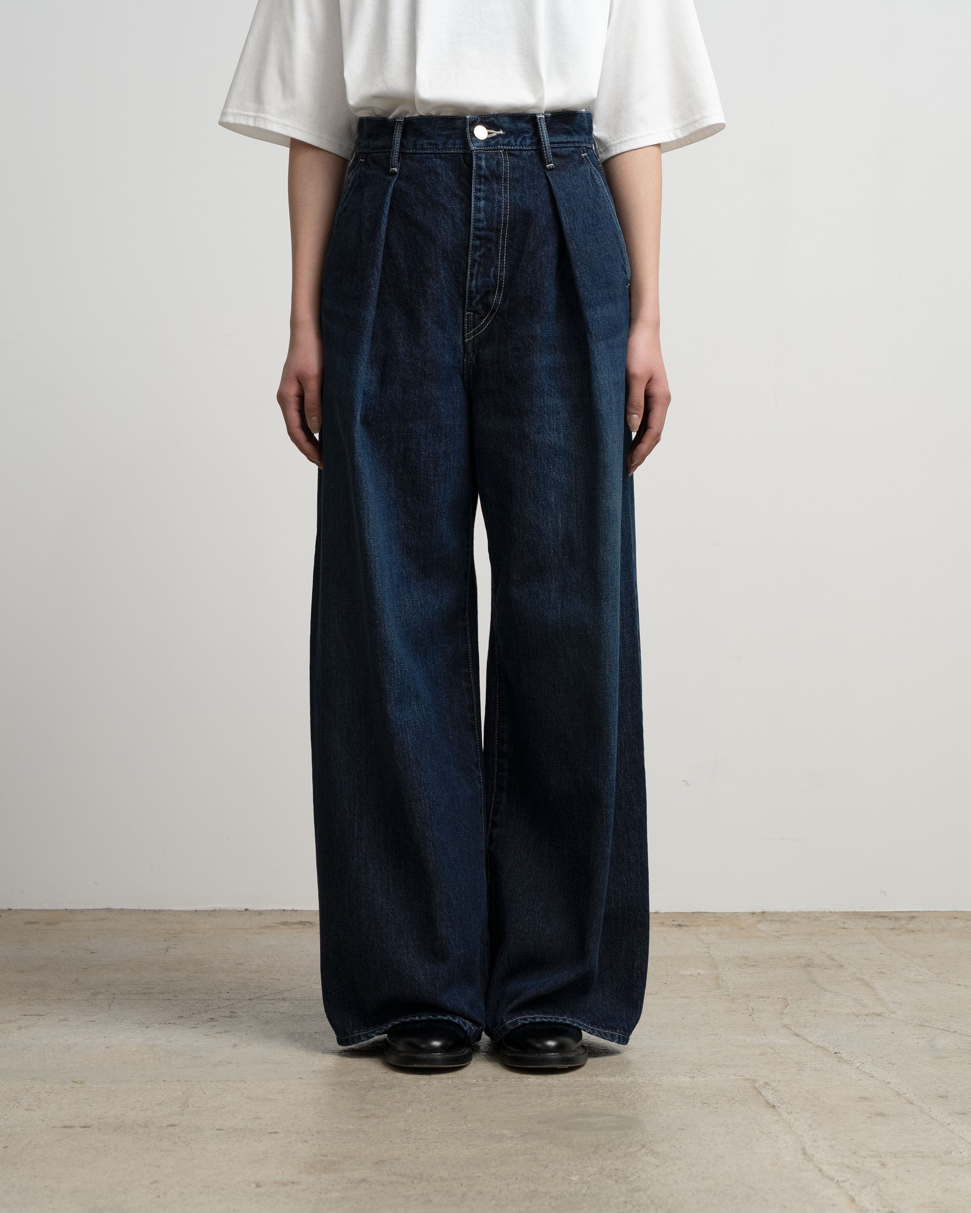 Selvage Denim Two Tuck Wide Pants-DARK FADE-