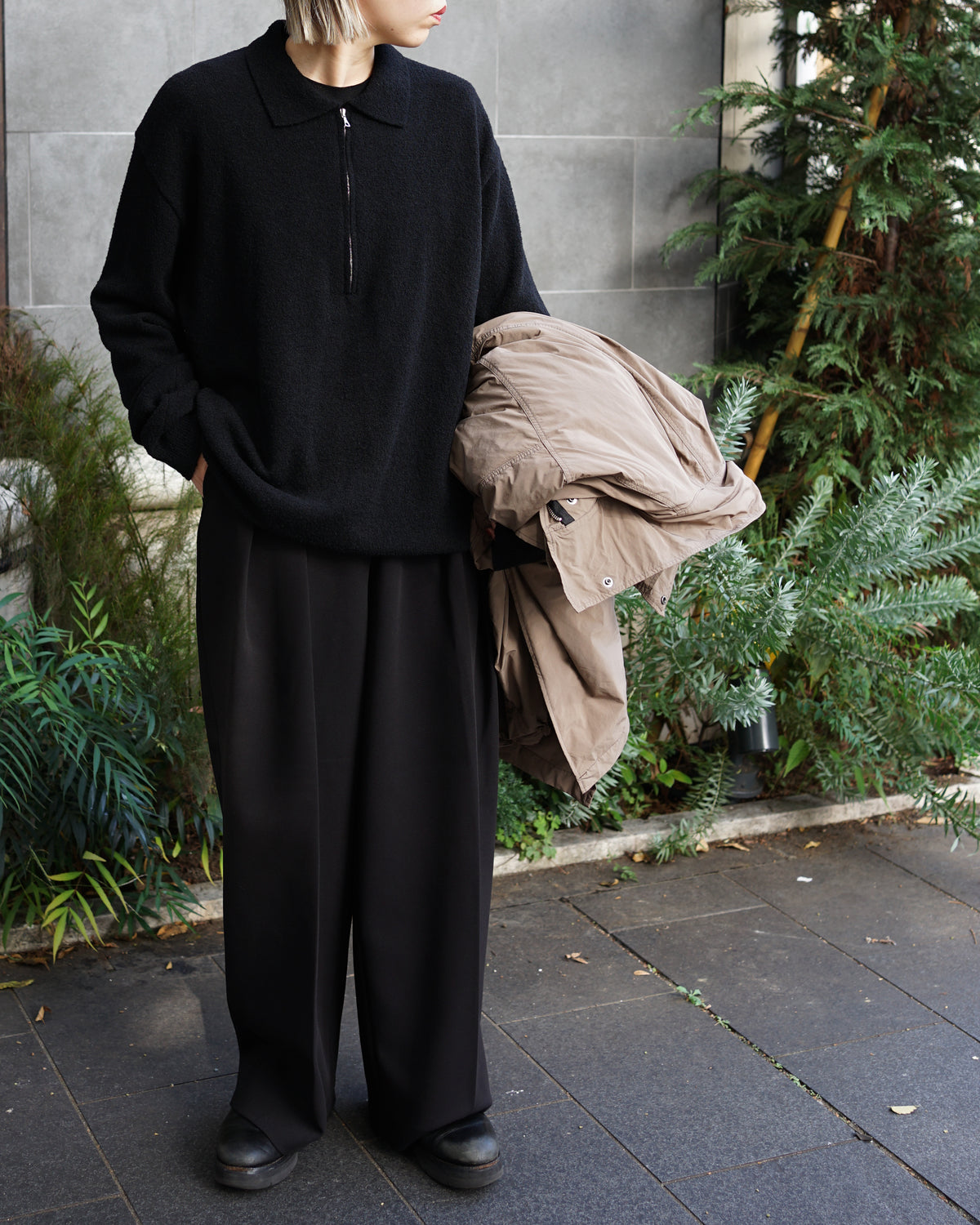 WOOL MINI BOUCLE ZIP UP POLO SWEATER