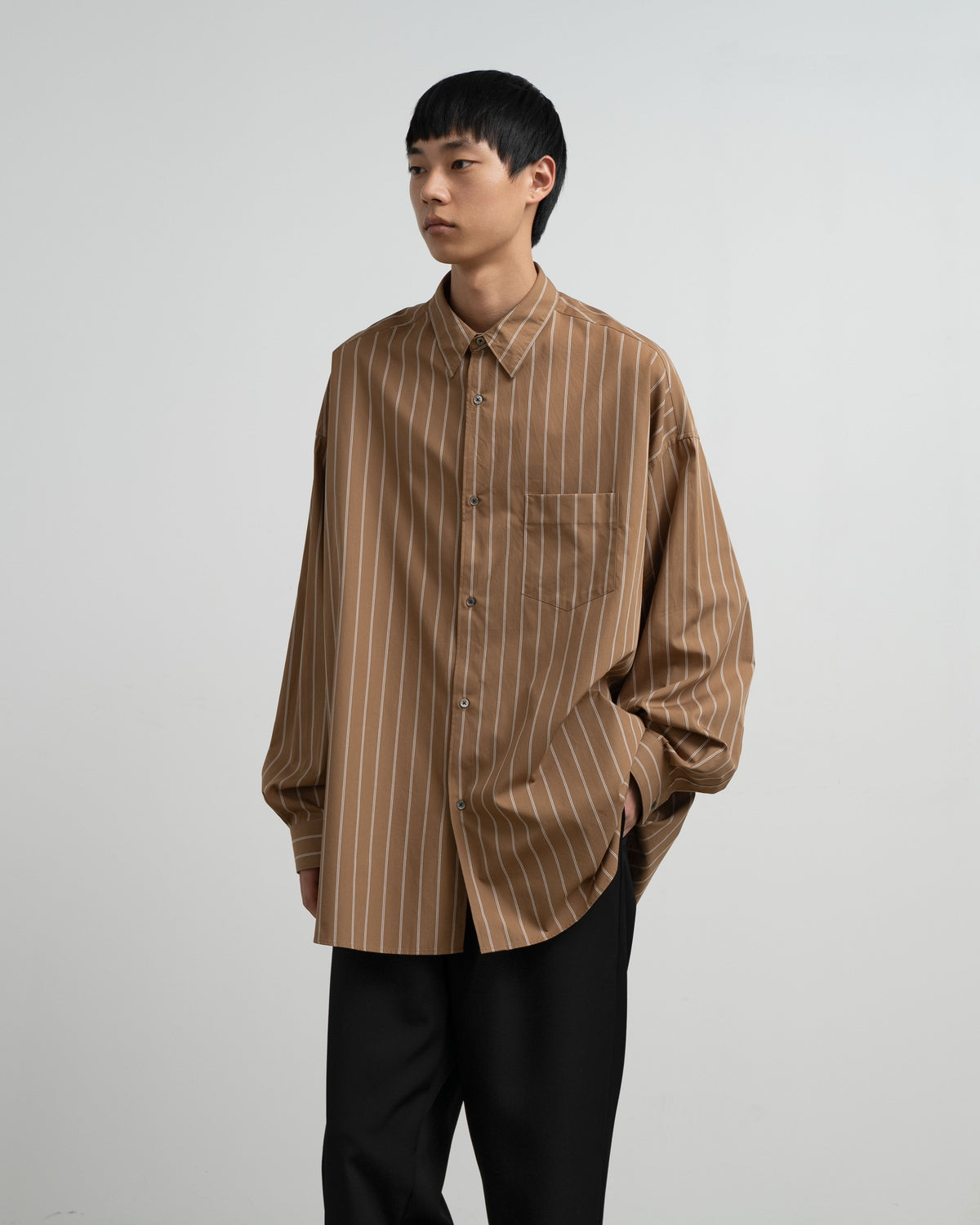 SIDOGRAS Brown Stripe L/S Oversized Regular Collar Shirt