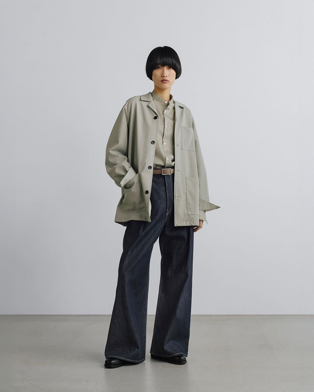 Silicon Poplin Deep Slit Band Collar Shirt