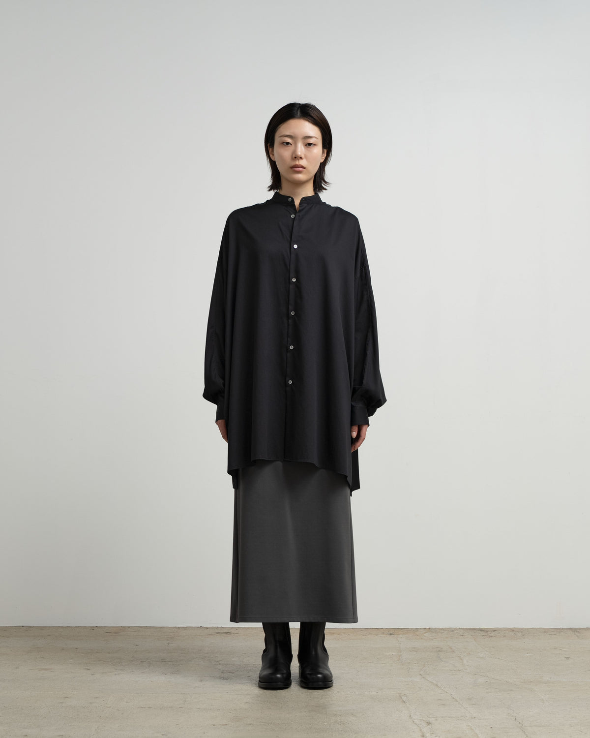 Silicon Poplin Deep Slit Band Collar Shirt