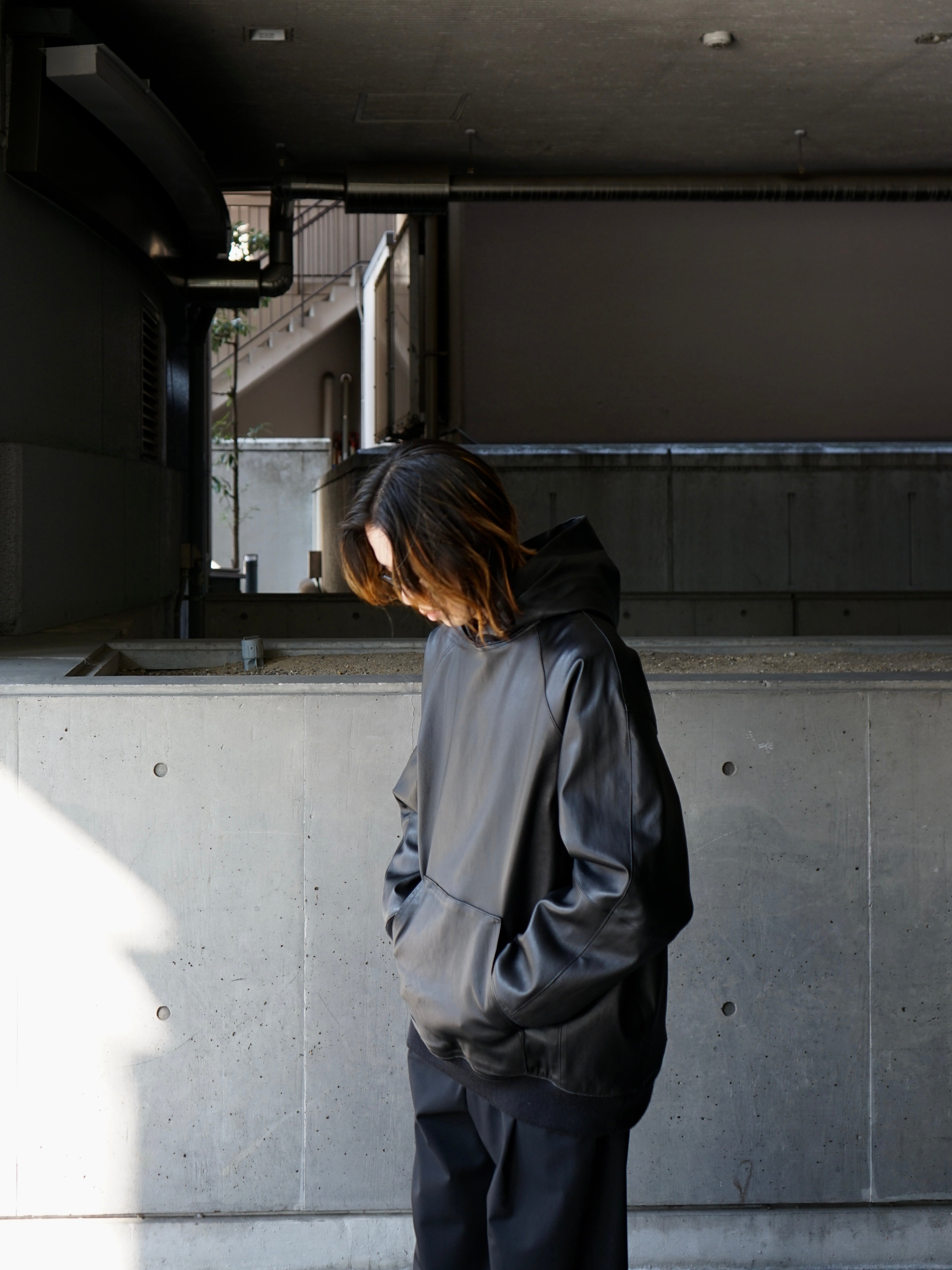 Bonded Leather Hooded Pullover