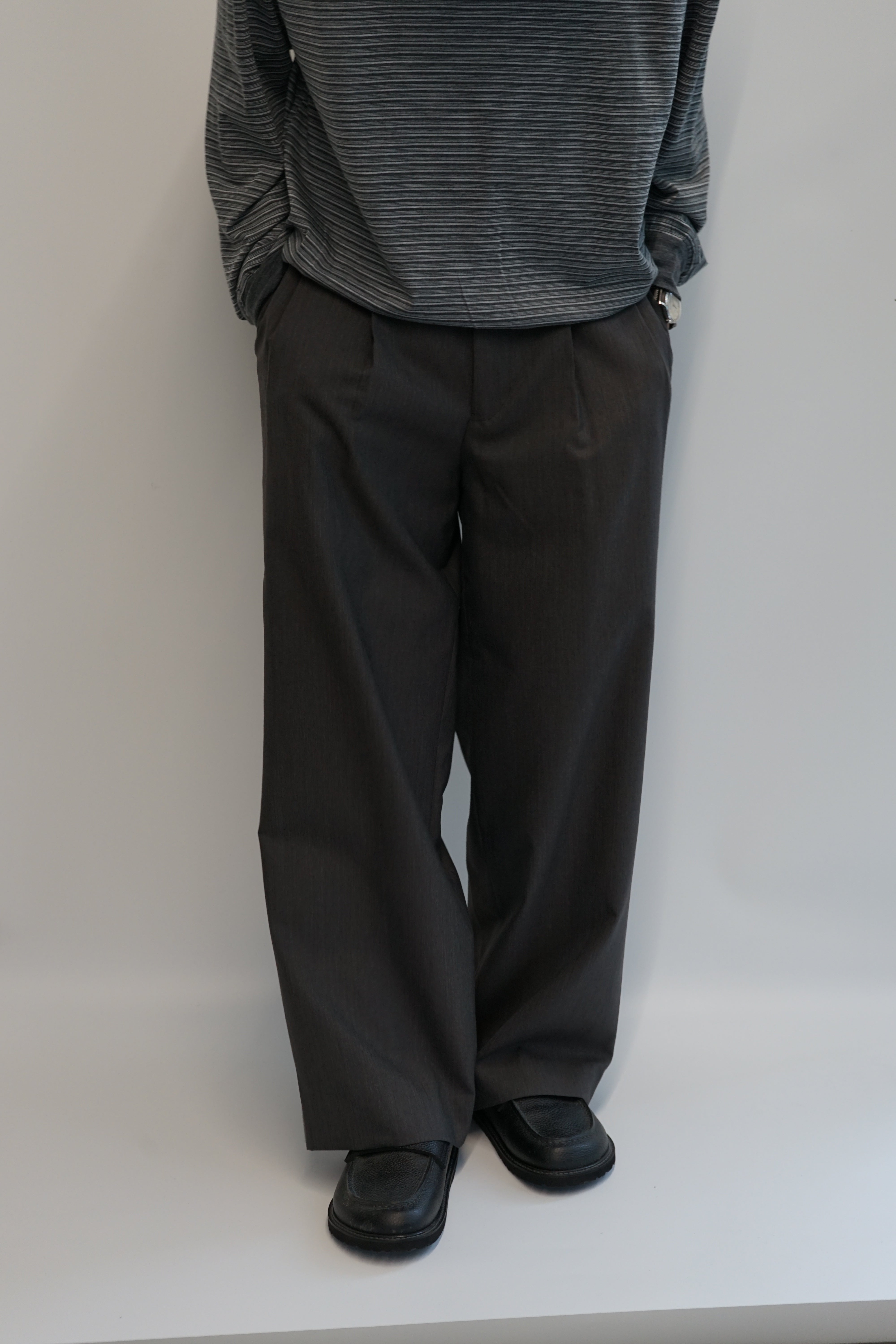 2/60 WOOL TROPICAL MELANGE DOUBLE PLEATED MILITARY TROUSERS